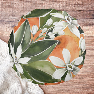 Almofada Redonda Padrão Tropical Laranja e Flores de Água