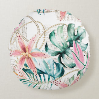 Almofada Redonda Padrão tropical uniforme com folhas de orquídeas e