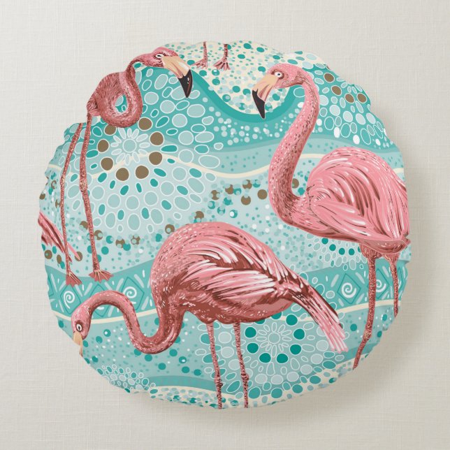 Almofada Redonda Padrão uniforme de flamingos cor-de-rosa (Frente)