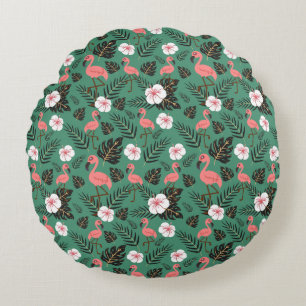 Almofada Redonda Padrão uniforme Flamingo rosa sobre fundo verde