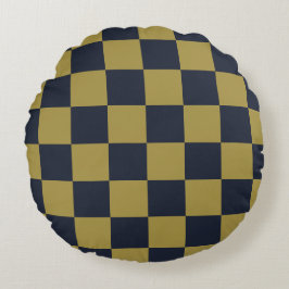 Almofada Redonda Padrão Verificado Dourado e Marinho Elegante