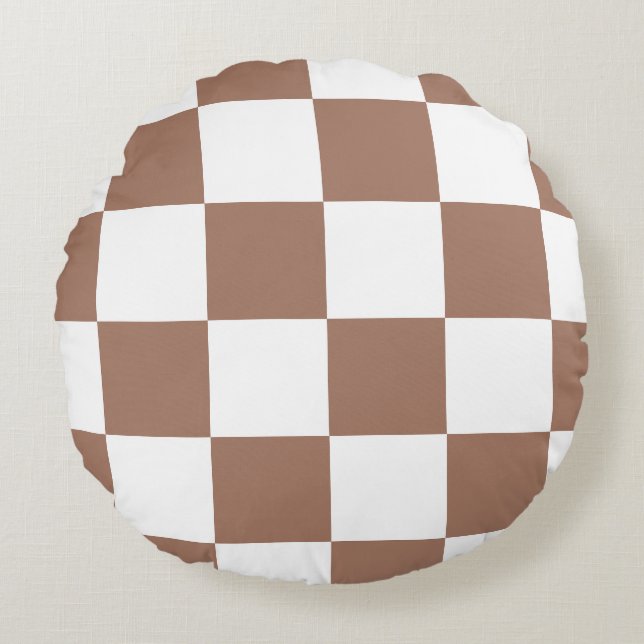 Almofada Redonda Padrão verificado em branco e Mocha Mousse (Frente)