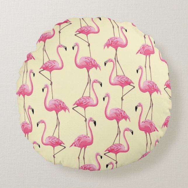 Almofada Redonda Padrão Vertical do Pássaro Flamingo Realista (Frente)