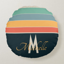 Almofada Redonda Padrão Vintage Stripe de 70s - inicial personaliza