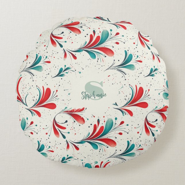 Almofada Redonda Padrão Whimsical Blue e Red Paisley Leaf (2) (Frente)