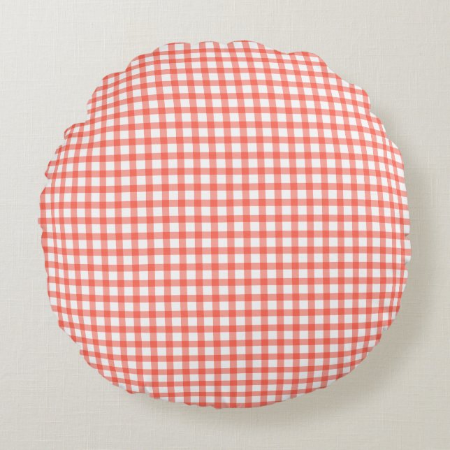 Almofada Redonda Padrão xadrez gingham vermelho fofo retrô (Frente)
