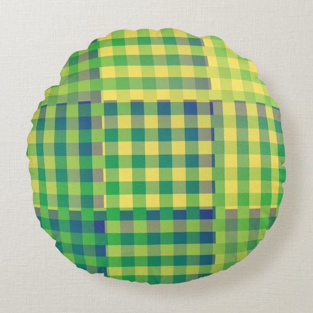 Almofada Redonda Padrão Xadrez Verde Azul Amarelo em Patchwork (Frente)