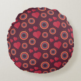 Almofada Redonda Padrões de Corações e Círculos Retroativos