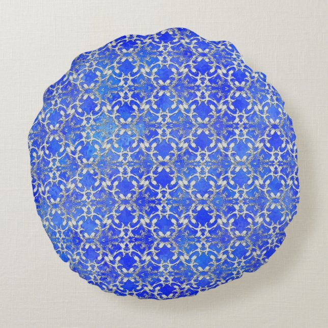 Almofada Redonda Padrões de rolagem azul de Cinza prateada (Verso)