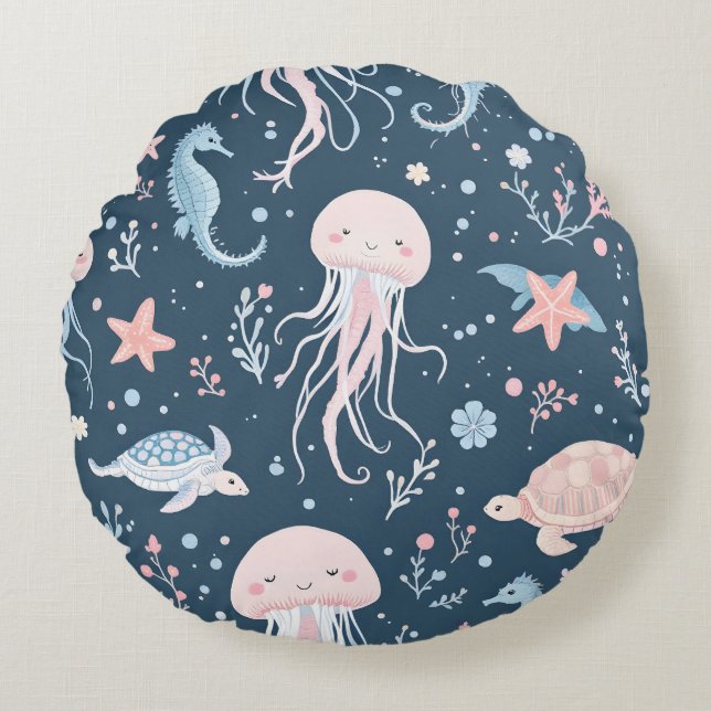 Almofada Redonda Padrões para águas-vivas submarinas e tartarugas m (Frente)