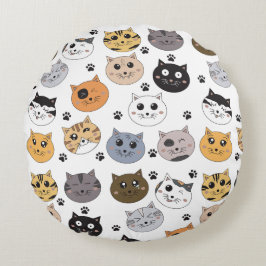 Almofada Redonda Padrões para gatos e pata engraçados coloridos