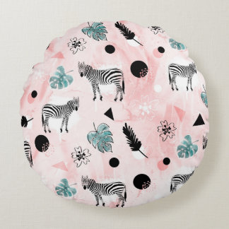 Almofada Redonda Padrões Tie-Dye das Folhas Tropicais Zebras