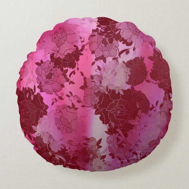 Almofada Redonda Padrões vermelhos florais japoneses. (Frente)