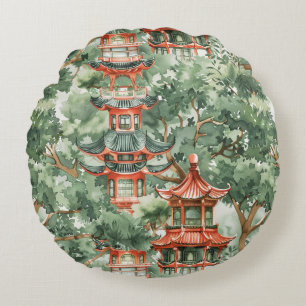 Almofada Redonda Pagoda Asiática de Aquarela na Paisagem Verdante (