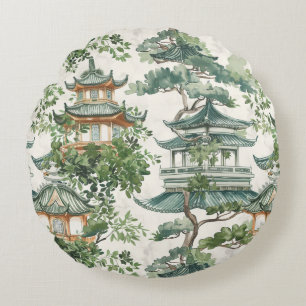 Almofada Redonda Pagoda Asiática de Aquarela na Paisagem Verdante (