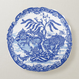 Almofada Redonda Pagoda Jardim Zoológico Azul Chinoiserie