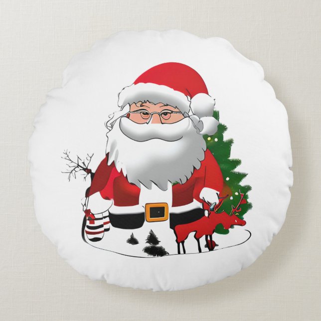 Almofada Redonda Pai Claus com uma Reindeer (Frente)