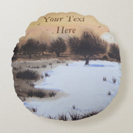 Almofada Redonda Paisagem da neve do Natal com árvores cobertos de