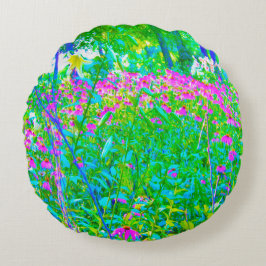 Almofada Redonda Paisagem do Jardim Impressionista Azul Aqua