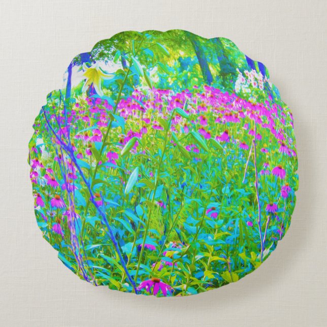 Almofada Redonda Paisagem do Jardim Impressionista Azul Aqua (Frente)