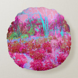 Almofada Redonda Paisagem Impressionista de Jardim Vermelho e Rosa