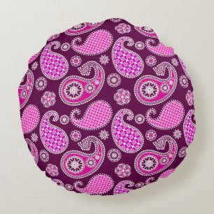 Almofada Redonda Paisley, cor-de-rosa fucsia, roxo e branco
