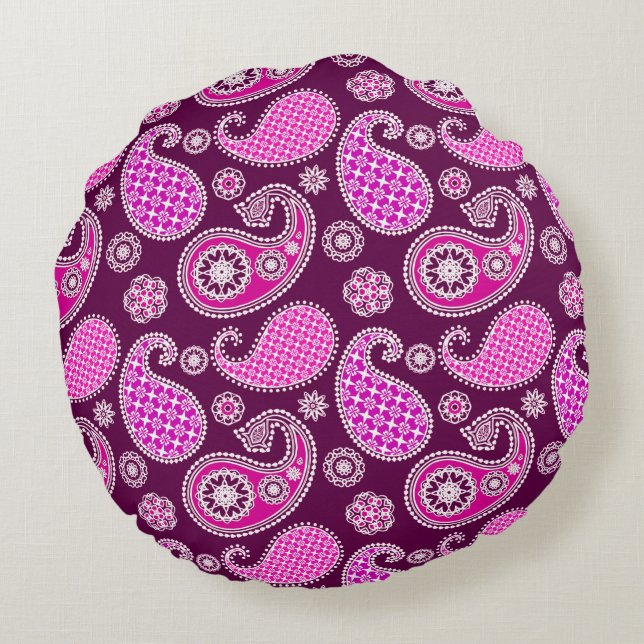 Almofada Redonda Paisley, cor-de-rosa fucsia, roxo e branco (Verso)