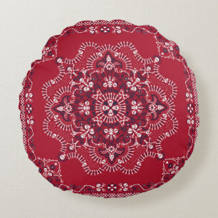 Almofada Redonda Paisley, crânios, bandana, design quadrado.