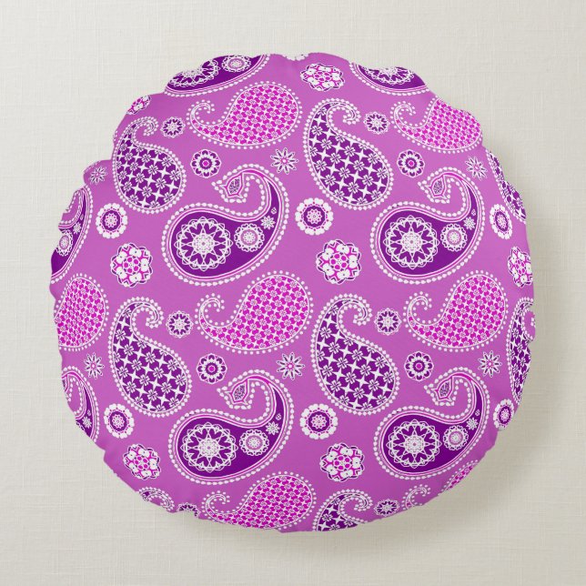 Almofada Redonda Paisley Pattern, Lilac e Ametist Purple (Frente)