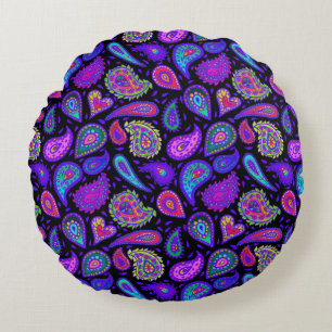 Almofada Redonda Paisley Roxo Perfeitamente Bonito a Preto