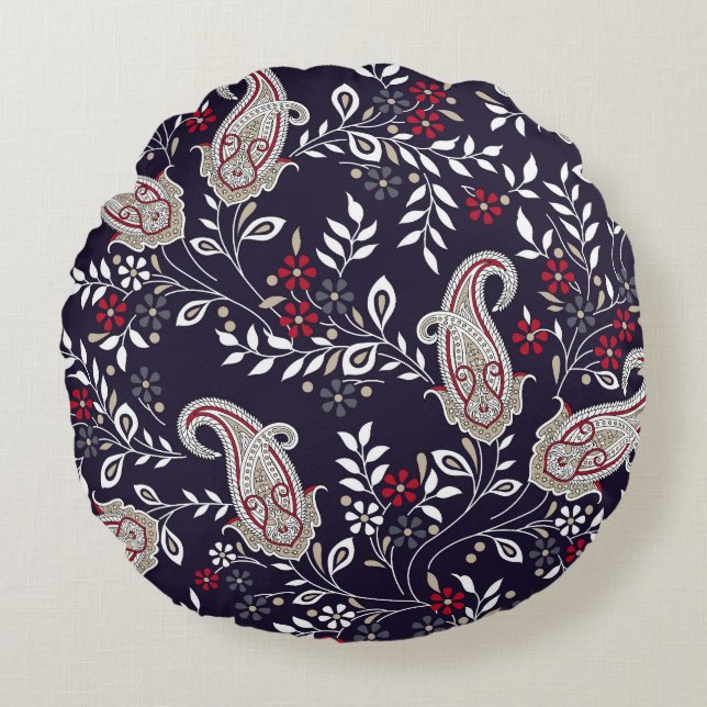 Almofada Redonda Paisley tradicional indiano, padrão perfeito. (Frente)