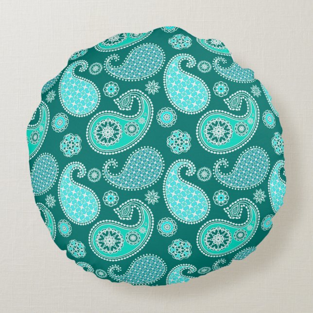 Almofada Redonda Paisley, Turquesa, Aqua e White (Verso)