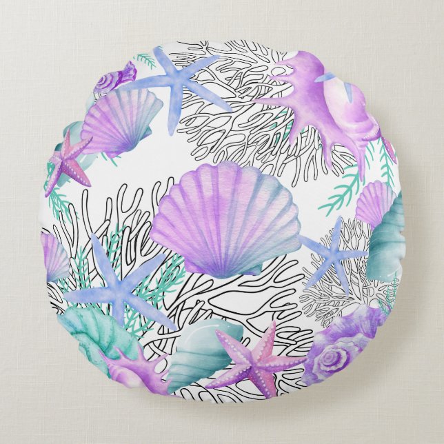 Almofada Redonda Palha Cor-De-Rosa Púrpura E Capas Brancas (Frente)