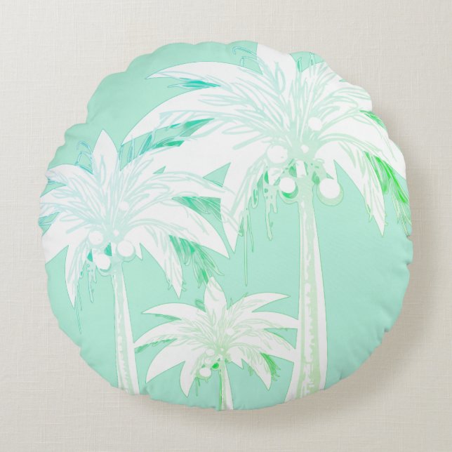 Almofada Redonda Palm Tree Seafoam Green White Beach House (Frente)