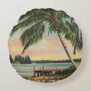 Almofada Redonda Palmeira de Coco Vintage Brisa Tropical Pôr do Sol