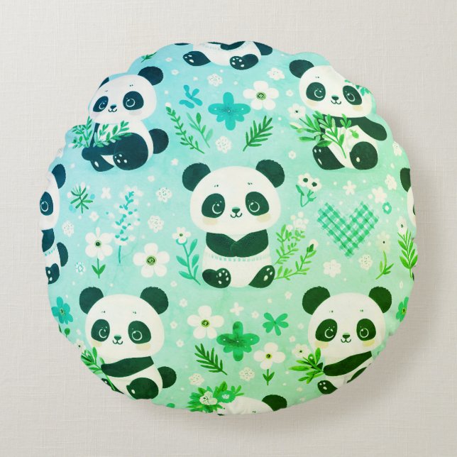 Almofada Redonda Panda Bear Pattern Green Impressão (Frente)