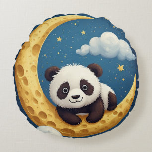 Almofada Redonda Panda Fofo Sentado numa Lua Crescente Dourada