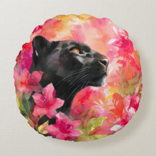 Almofada Redonda Pantera Negra Selvagem Floral Selvagem Elegante