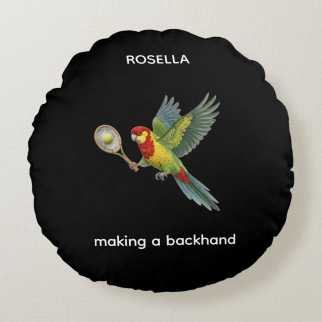 Almofada Redonda Papagaio Rosella Jogando Tênis (Frente)