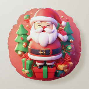 Almofada Redonda Papai Noel Alegre Rodeado por Natal Festivo
