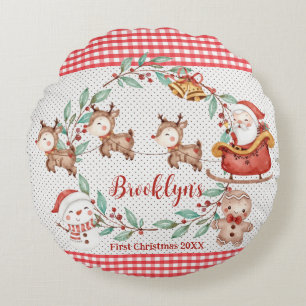 Almofada Redonda Papai Noel Bonito Rena de Neve 1º Natal