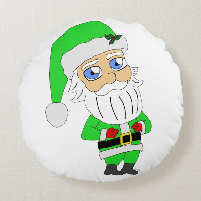 Almofada Redonda Papai Noel de terno verde chibi (Frente)