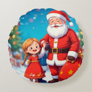 Almofada Redonda Papai Noel e Menina com um Saco de Presentes