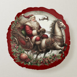 Almofada Redonda Papai Noel em um trenó e um cavalo