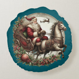Almofada Redonda Papai Noel em um trenó e um cavalo