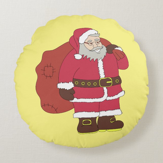 Almofada Redonda Papai Noel em vermelho com saco de presentes e ócu (Frente)