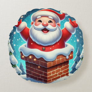 Almofada Redonda Papai Noel Festivo Emergindo da Chaminé