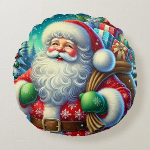 Almofada Redonda Papai Noel Festivo Segurando um Saco de Presentes