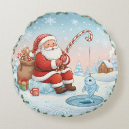 Almofada Redonda Papai Noel Personalizado Pescando no Gelo no Natal
