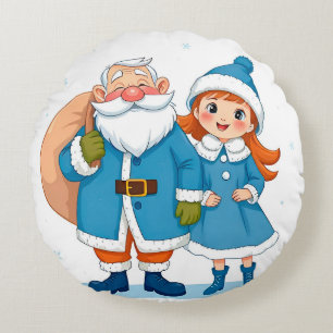 Almofada Redonda Papai Noel sorridente e donzela de neve